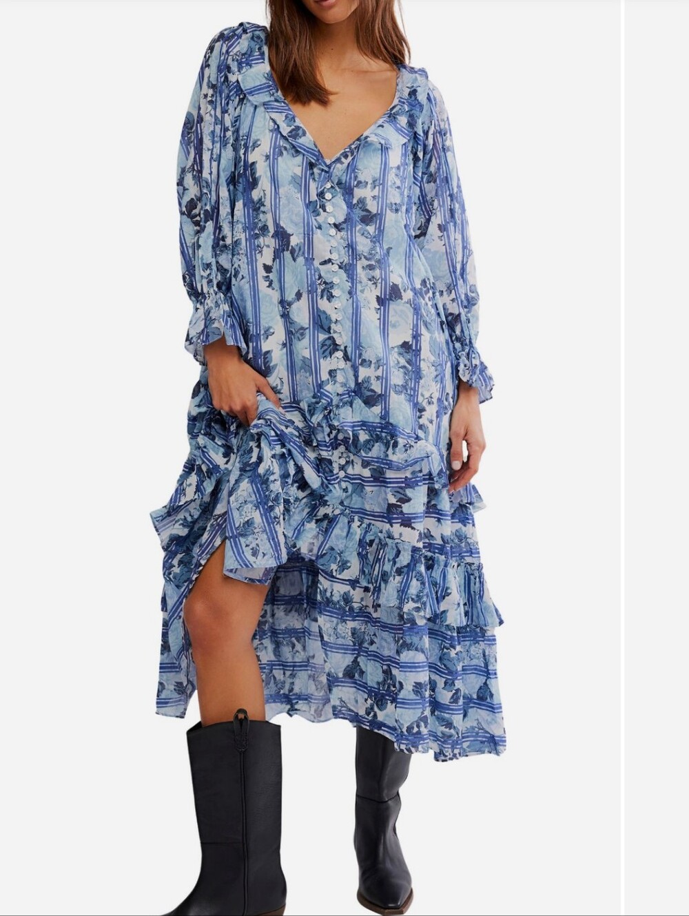Free People Size Small Blue Print Long Sleeve Cotton Maxi Dress Msrp $168